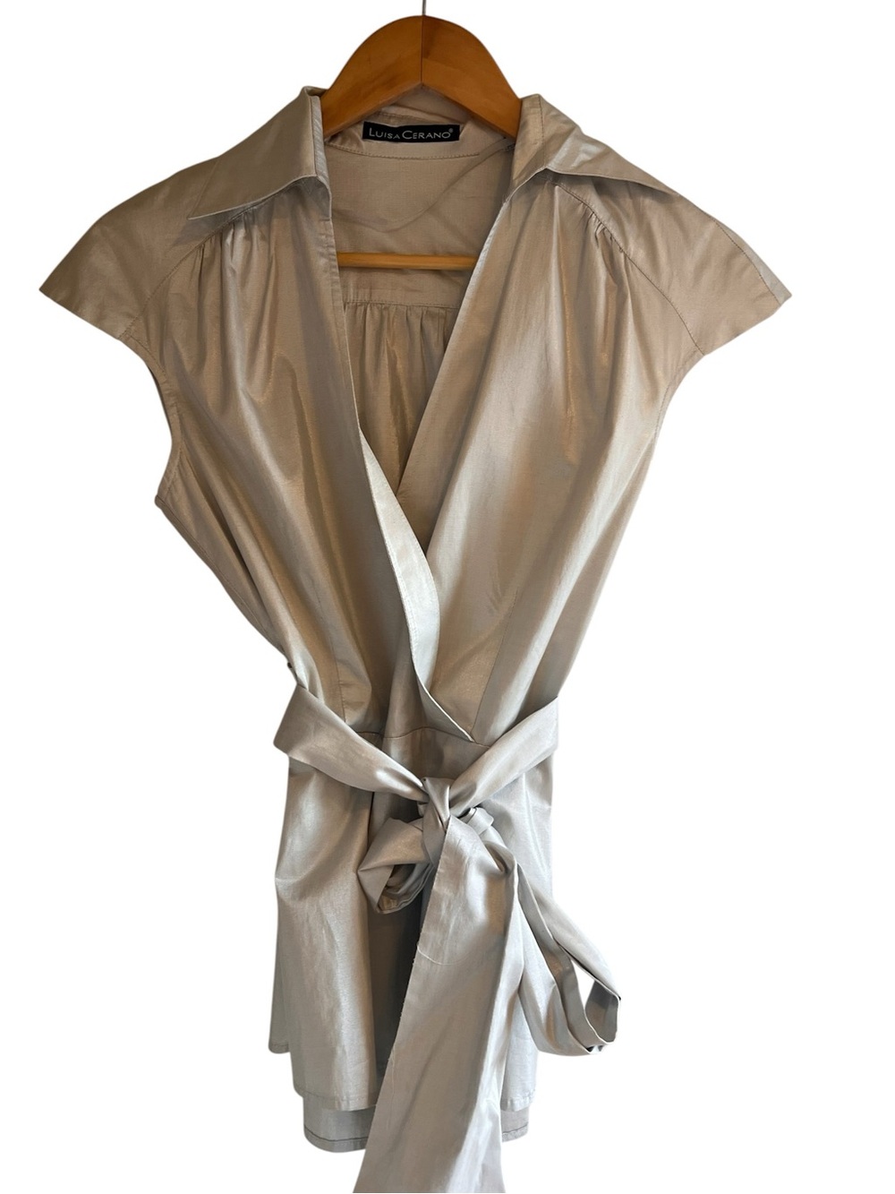Luisa Cerano silver cotton wrap peplum blouse size 6 excellent condition